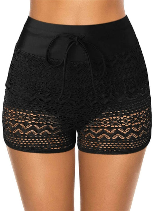 flowersverse Women's Swimwear Cover Up Swim Shorts Plus Size Swimsuit Lace Elastic Waist Pure Color Black Navy Blue Bathing Suits Sports Vacation Neutral