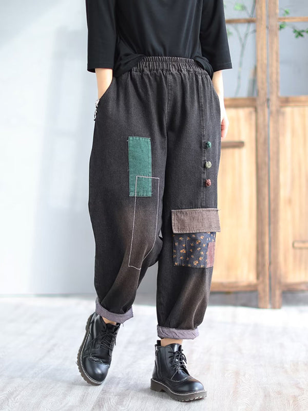 flowersverse Loose Split-Joint V-Neck Vest Top + Jean Harem Pants Bottoms Two Pieces Set