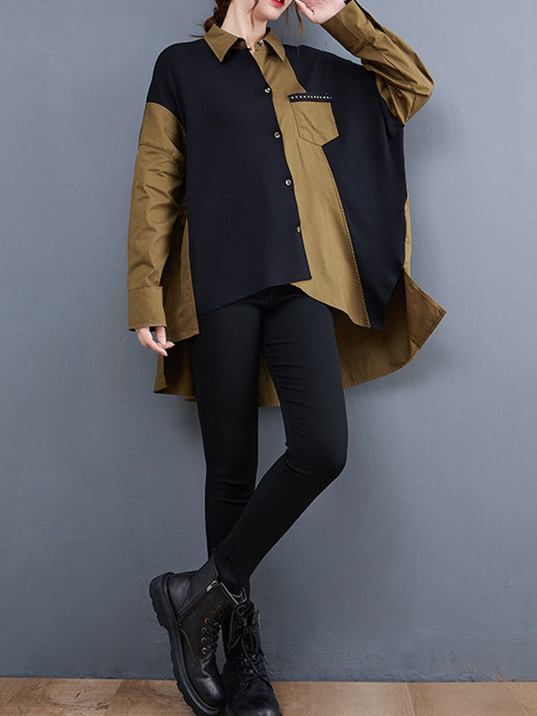 flowersverse Artistic Retro Loose Split-Joint With Pocket Buttoned Lapel Collar Long Sleeves False Two Blouse