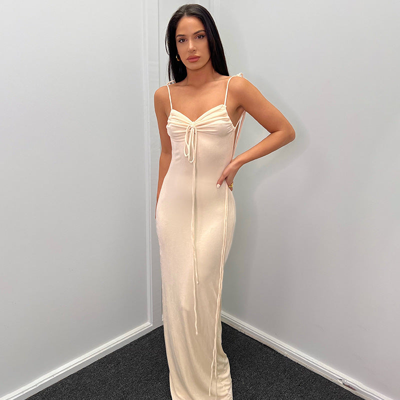 flowersverse Summer Ladies Long Dress Solid Color Sexy Low Back Straps Halter Bodycon Dress