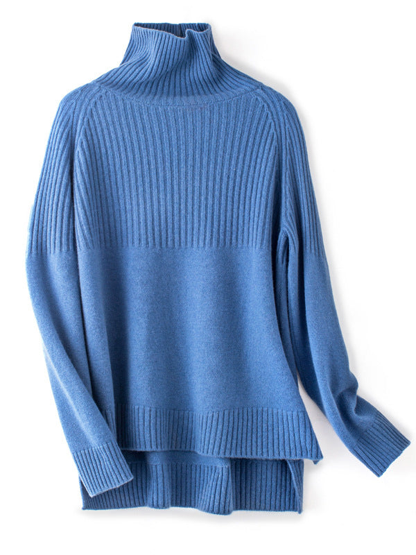 flowersverse Casual Long Sleeves Loose Solid Color High-Neck Sweater Tops