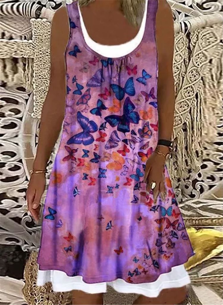 flowersverse Casual Printed Sleeveless Dress with Crew Neck for Women's Clothing