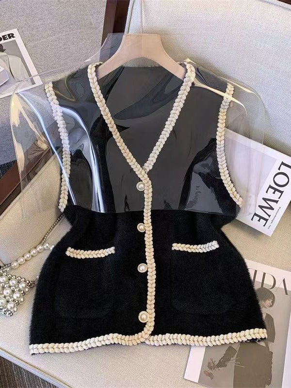 flowersverse Buttoned Loose Sleeveless V-Neck Vest Outerwear