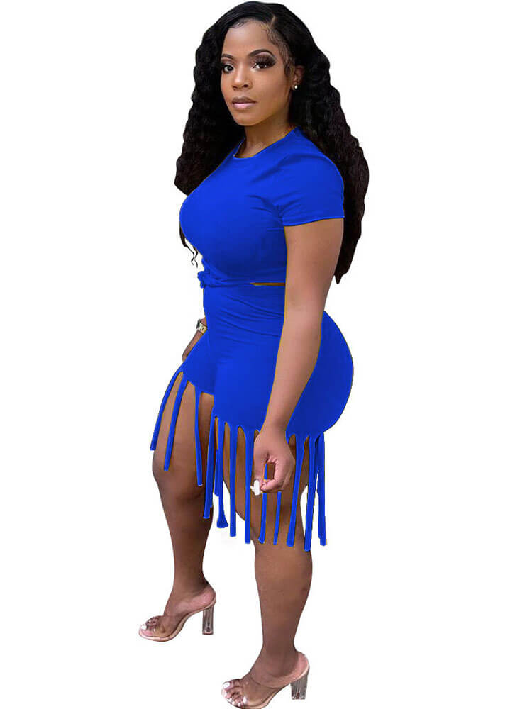 flowersverse 2 Piece Plus Size Knot Front Short Sleeve Tops Tassels Shorts