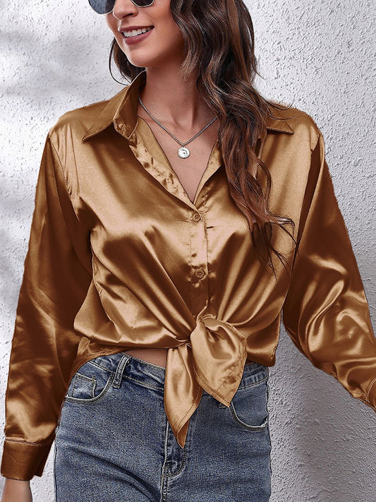 flowersverse Solid Color Long Sleeves Loose Lapel Blouses&Shirts Tops