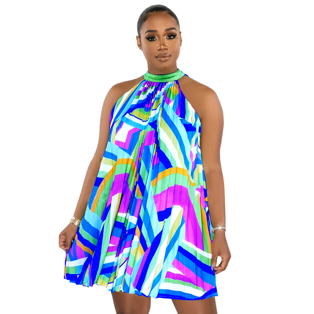 flowersverse Women's Beach Dress Off Shoulder Sleeveless Printed Pleated Dress