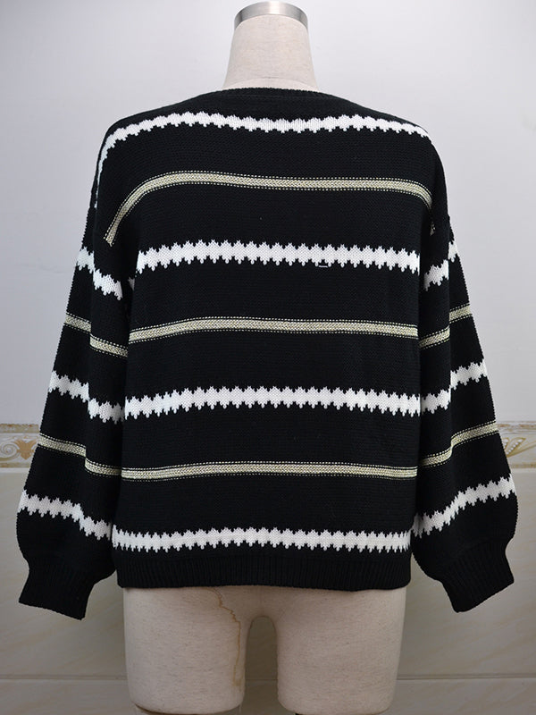 flowersverse Striped Long Sleeves Loose Round-Neck Sweater Tops Pullovers Knitwear