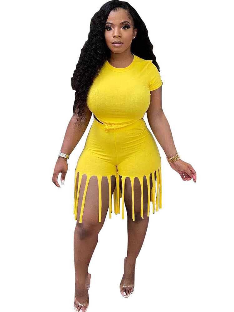 flowersverse 2 Piece Plus Size Knot Front Short Sleeve Tops Tassels Shorts