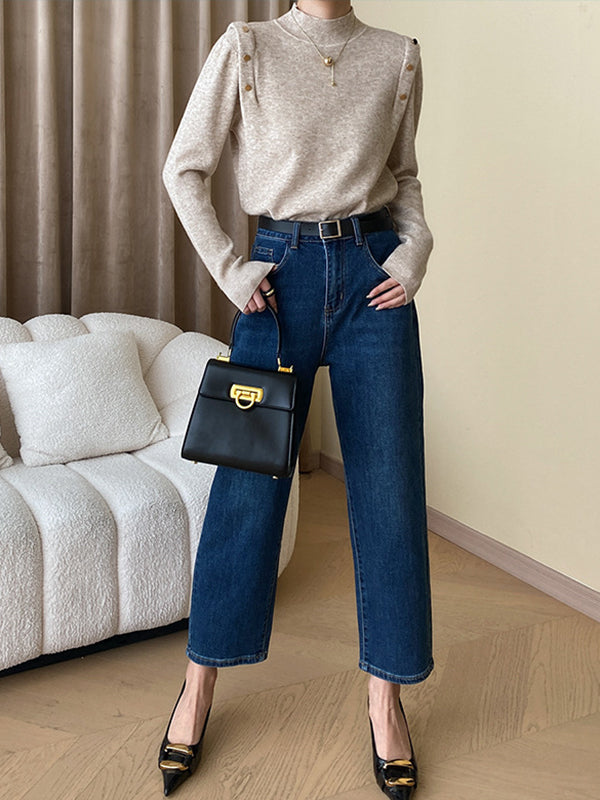 flowersverse Buttoned Split-Joint Long Sleeves High-Neck Sweater Tops