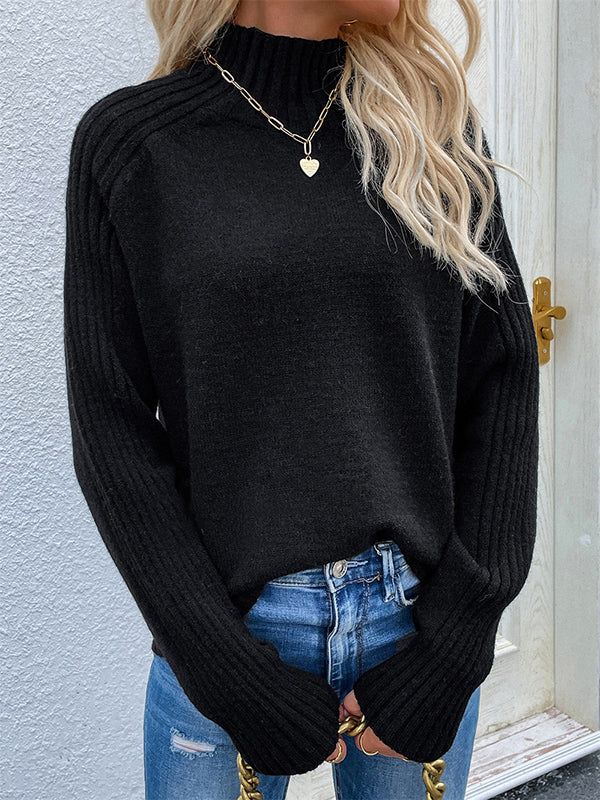 flowersverse Stylish Long Sleeves Loose Solid Color High-Neck Sweater Tops