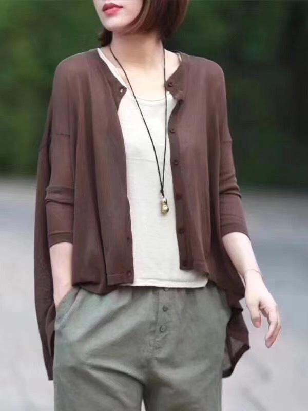 flowersverse Vintage Solid Loose Cropped Batwing Sleeve Knitting Outwear