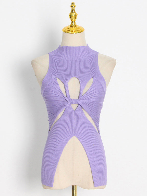 flowersverse Stylish Irregularity Hollow Split-Joint Solid Color Knitting Vest Top