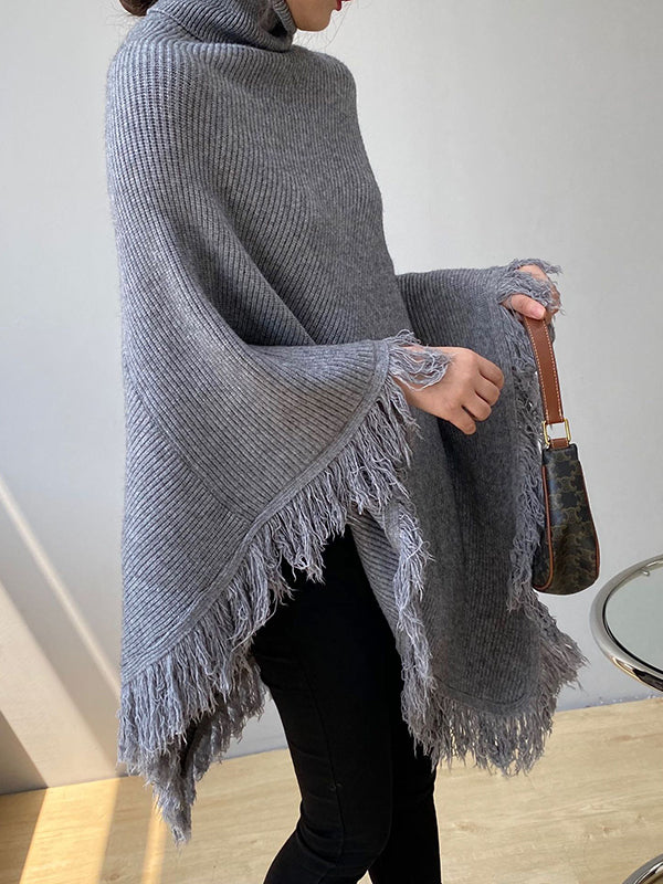 flowersverse Casual Loose Tasseled Solid Color High-Neck Sweater Tops