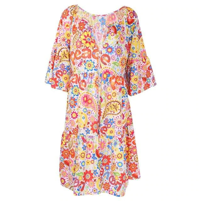 flowersverse Summer Women Boho Floral Long Sleeve Dress Holiday Beach Shirt Dress Ladies Print Mini Dress Plus Size