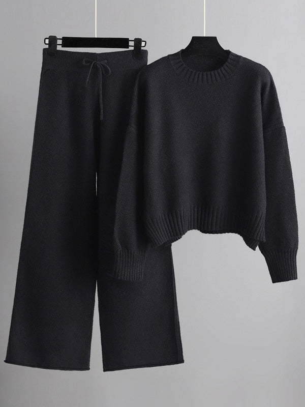 flowersverse Stylish Loose High-Low Long Sleeves Solid Color Round-Neck Sweater Tops& Wide Leg Pants Two Pieces Set