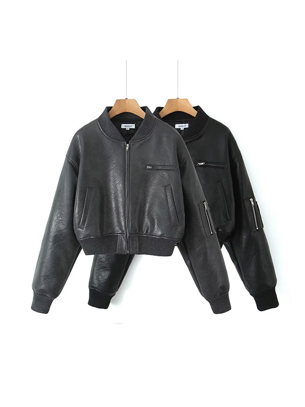 flowersverse Quilted Solid Color Zipper Stand Collar PU Outerwear Jackets