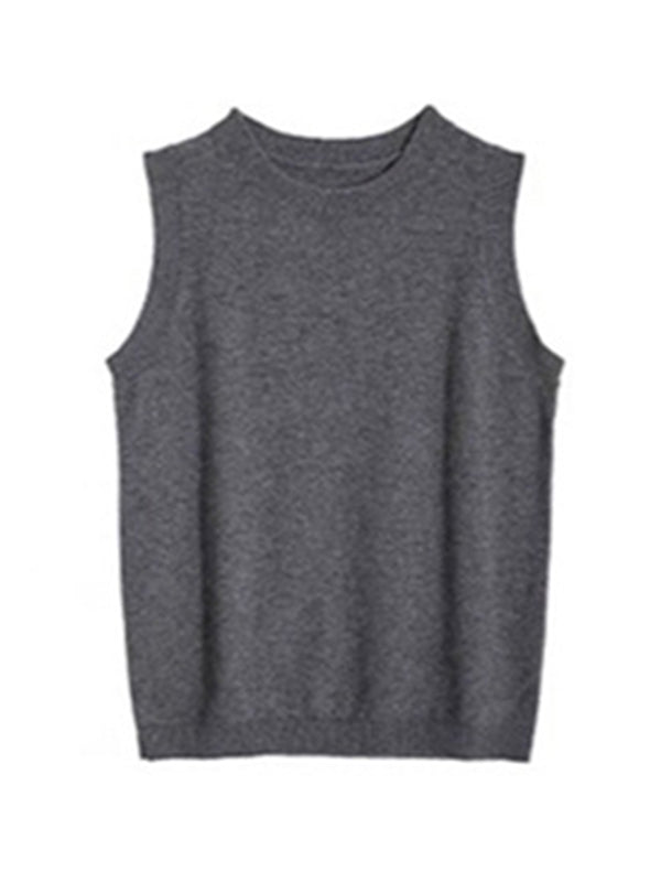 flowersverse Urban Loose Solid Round-Neck Vest Top& V-Neck Sweater Tops& Wide Leg Pants Three-Piece Set