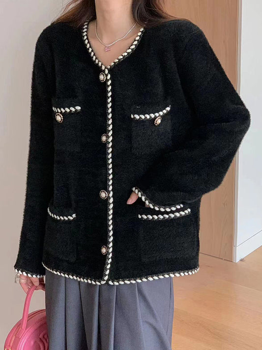 flowersverse Buttoned Pockets Long Sleeves Loose Round-Neck Cardigan Tops