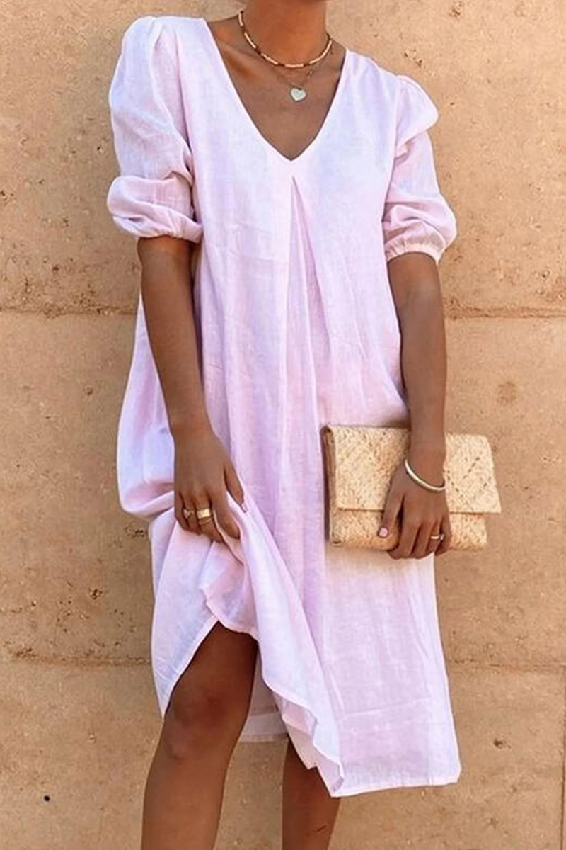 flowersverse Casual Solid Split Joint Fold V Neck A Line Dresses