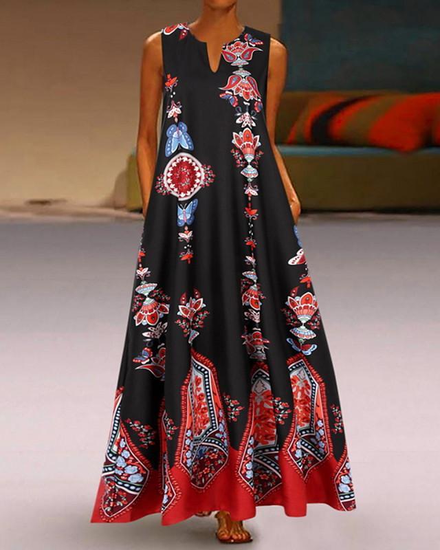 flowersverse Women's A-Line Dress Maxi Long Dress - Sleeveless Pocket Print Spring & Summer V Neck Hot Casual Boho Holiday White Black Blue Yellow Light Blue White Dresses