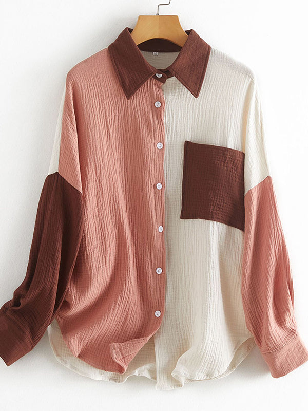 flowersverse Casual Long Sleeves Contrast Color Split-Joint Lapel Blouses