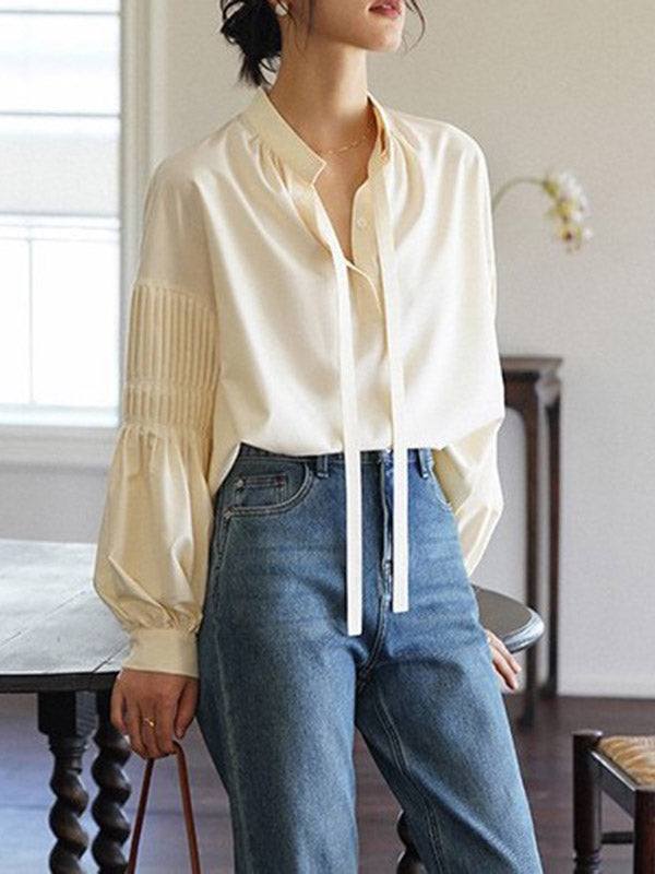 flowersverse Pleated Solid Color Tied Long Sleeves Loose Mock Neck Blouses&shirts Tops