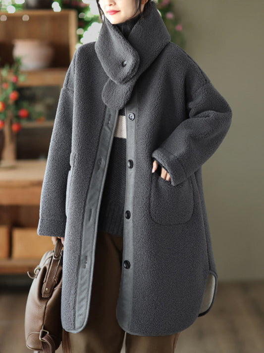 flowersverse Casual Long Sleeves Loose Velvet Buttoned Keep Warm Round-Neck Coats