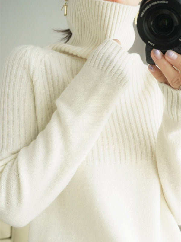 flowersverse Casual Long Sleeves Loose Solid Color High-Neck Sweater Tops