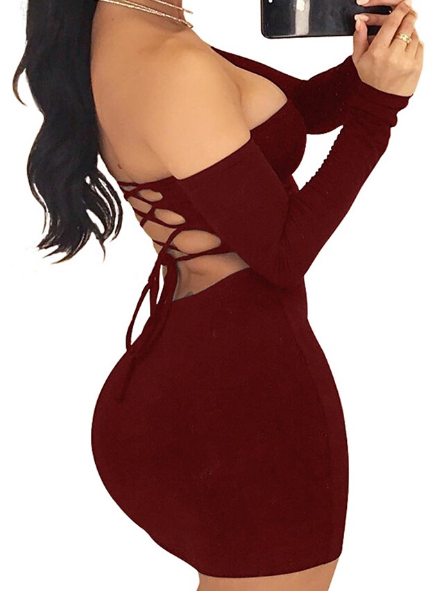 flowersverse Women's Semi Formal Dress Party Dress Bodycon Sheath Dress Mini Dress Black White Wine Long Sleeve Pure Color Backless Spring Fall Winter Off Shoulder Party Vacation Spring Dress Slim S M L XL