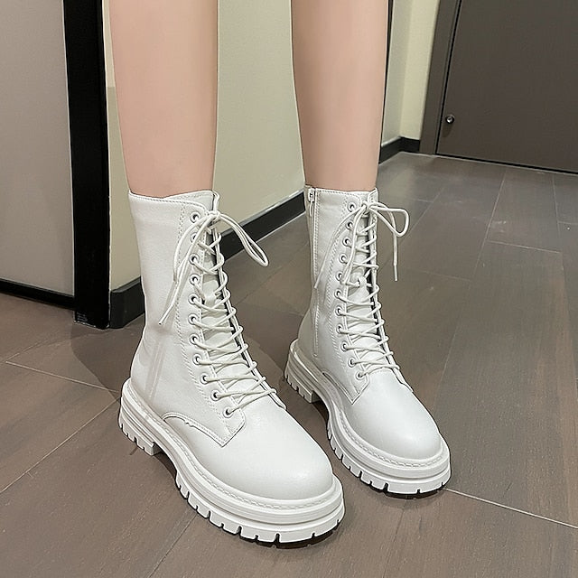 flowersverse Autumn Boots Women's Boots Martin Boots Plus Size Lace Up Boots Daily Walking Zipper Chunky Heel Round Toe Elegant Casual Comfort Walking Shoes Faux Leather Lace-up Solid Color Black White