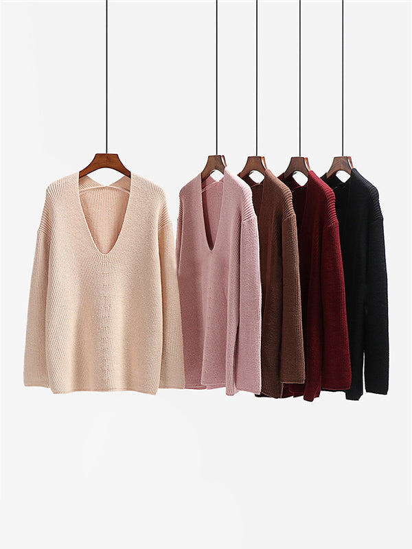 flowersverse Casual Loose Solid Color V-Neck Sweater Tops