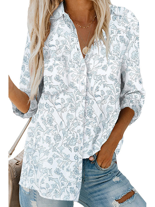 flowersverse Buttoned Flower Print Pockets High-Low Long Sleeves Lapel Blouses&Shirts Tops