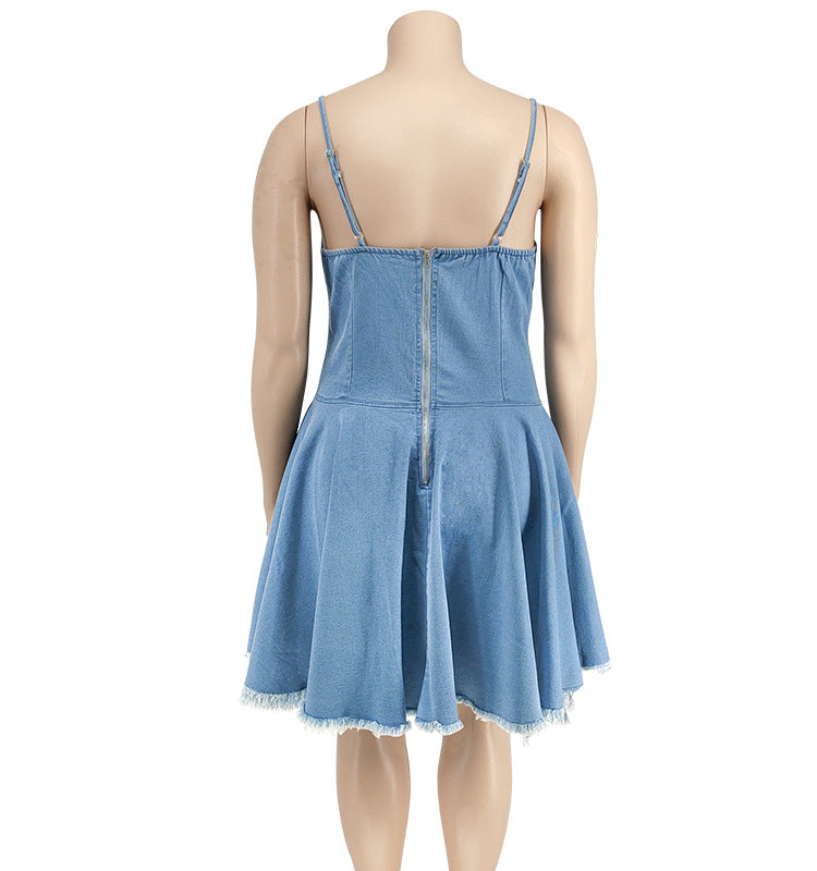 flowersverse Plus Size Women's Spring Sexy Sleeveless Denim Dress