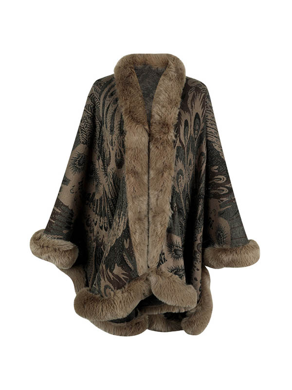 flowersverse Jacquard Keep Warm Velvet Long Sleeves Loose Collarless Shawl Cape