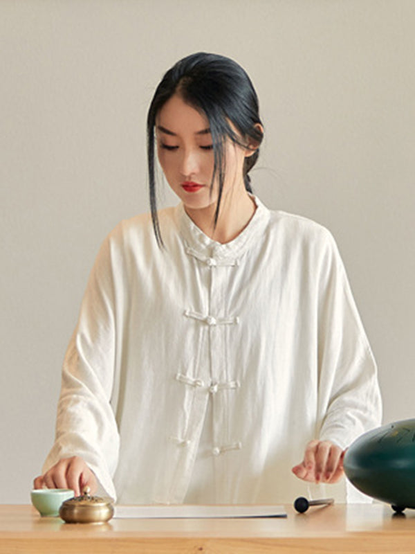 flowersverse Artistic Retro Loose Solid Color Linen Blouse
