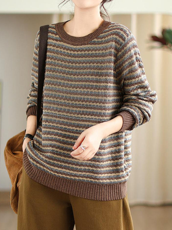 flowersverse Contrast Color Jacquard Velvet Long Sleeves Loose Round-Neck Sweater Tops Pullovers