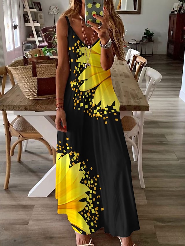 flowersverse Women's Long Dress Maxi Dress Casual Dress Swing Dress Graphic Casual Classic Vacation Beach Pocket Print Sleeveless Spaghetti Strap Dress Regular Fit Light Yellow Yellow Blue Spring Summer XS S M L