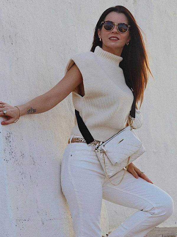 flowersverse Casual Cap Sleeve Solid Color High-Neck Sweater Tops Pullovers
