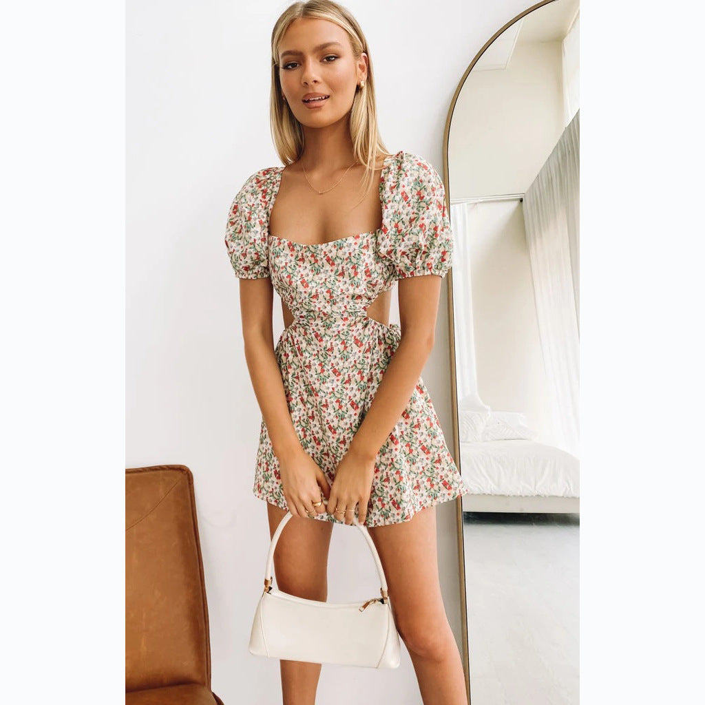 flowersverse Regular Sleeve Small Floral Print Backless Sexy Short Dress