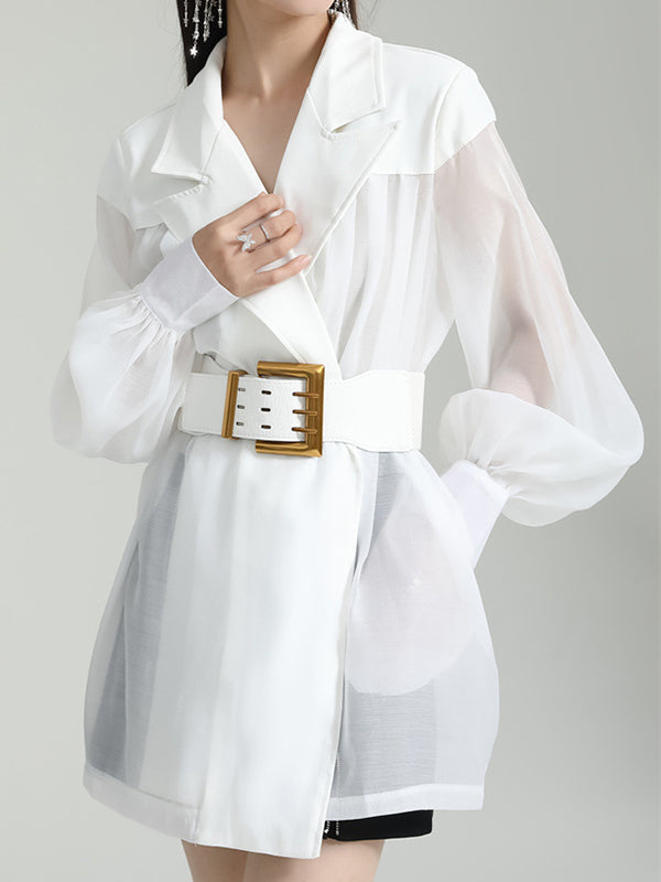 flowersverse See-Through Split-Joint Tied Waist Loose Puff Sleeves Lapel Blouses&Shirts Tops