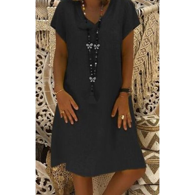flowersverse Women's Casual Dress T Shirt Dress Tee Dress Shift Dress Midi Dress Black Yellow Pink Short Sleeve Pure Color Patchwork Spring Summer V Neck Basic Daily Vacation Summer Dress Loose Fit S M L XL