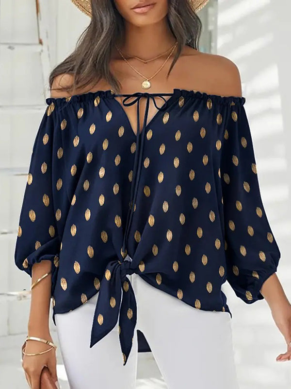 flowersverse Simple Long Sleeves Loose Drawstring Printed Off-The-Shoulder Blouses&Shirts Tops