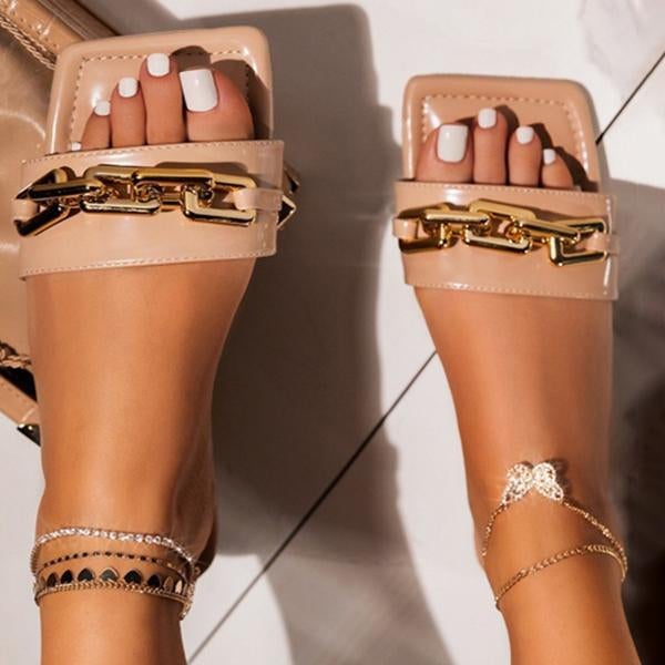 flowersverse Summer Fashion Women Flat Casual Slippers Square Toe Chain Sandals