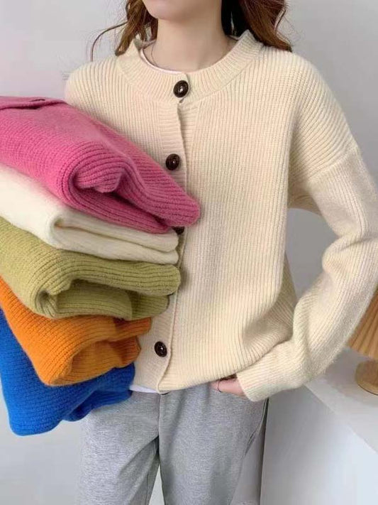 flowersverse Simple Long Sleeves Loose Buttoned Solid Color Round-Neck Cardigan Tops