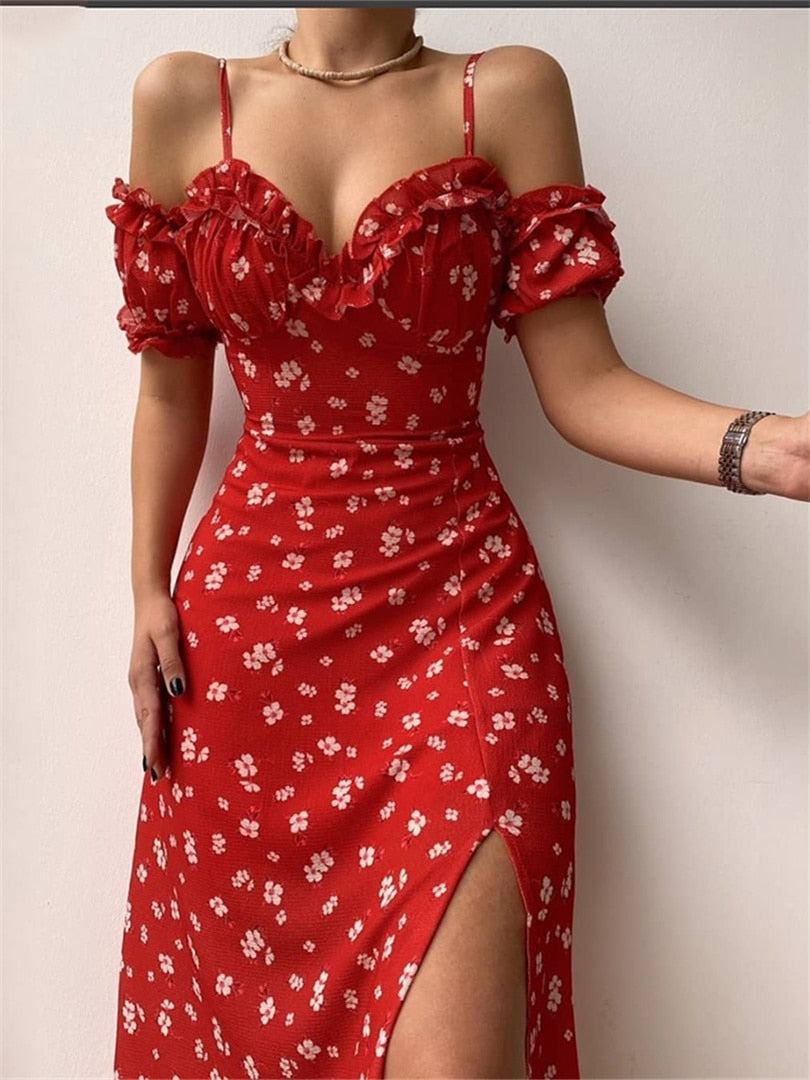 flowersverse Fashionkova Women’S Off Shoulder Frilly Suspender Dress Party Summer Ladies Short Sleeve V-Neck Split Mid-Length Dress Floarl A-Line