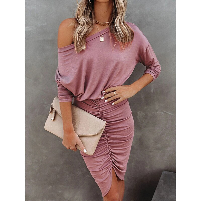 flowersverse Women's Work Dress Sheath Dress Semi Formal Dress Formal Mini Dress Ruched Crew Neck Long Sleeve Plain Loose Fit Black Pink Blue Fall Spring S M L XL XXL