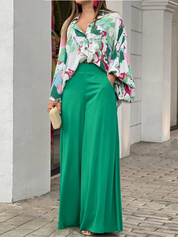 flowersverse Original Contrast Color Blouse&Solid Wide Legs Pants 2 Pieces Set