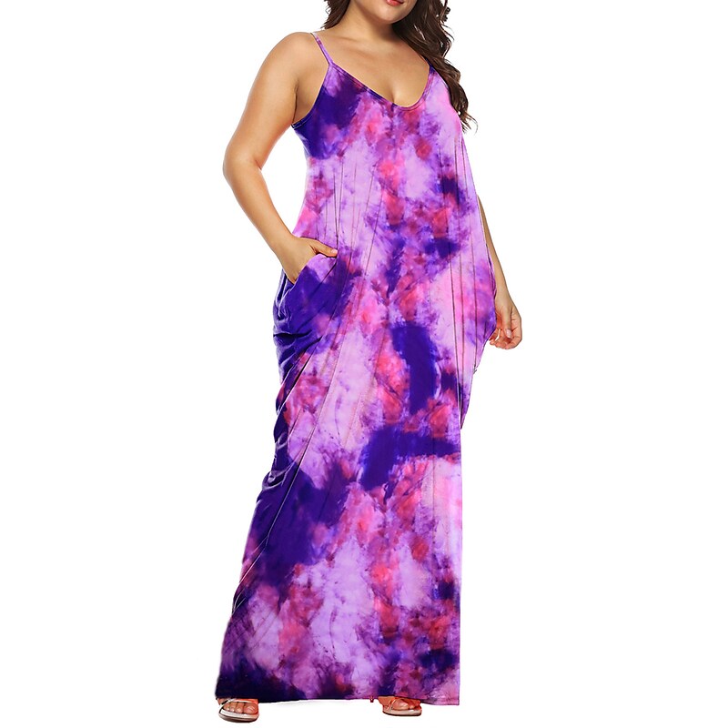 flowersverse Women's Plus Size Casual Dress Shift Dress Slip Dress Leaf Tie Dye Long Dress Maxi Dress Sleeveless Pocket Print Strap Fashion Daily Light Yellow White Spring Summer XL XXL 3XL