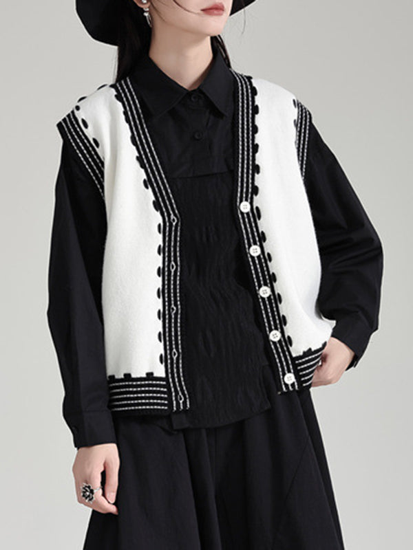 flowersverse Buttoned Contrast Color Loose Sleeveless V-Neck Vest Outerwear