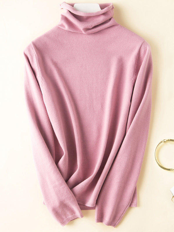 flowersverse Casual Skinny Long Sleeves Solid Color Heaps Collar Sweater Tops Pullovers